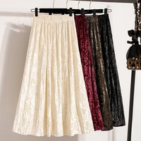 Autumn Winter Girls New A-line Velvet Skirt 2026 Plus Size Gold Velvet Half Pleated Skirt Solid Versatile High Waist Mid Skirt