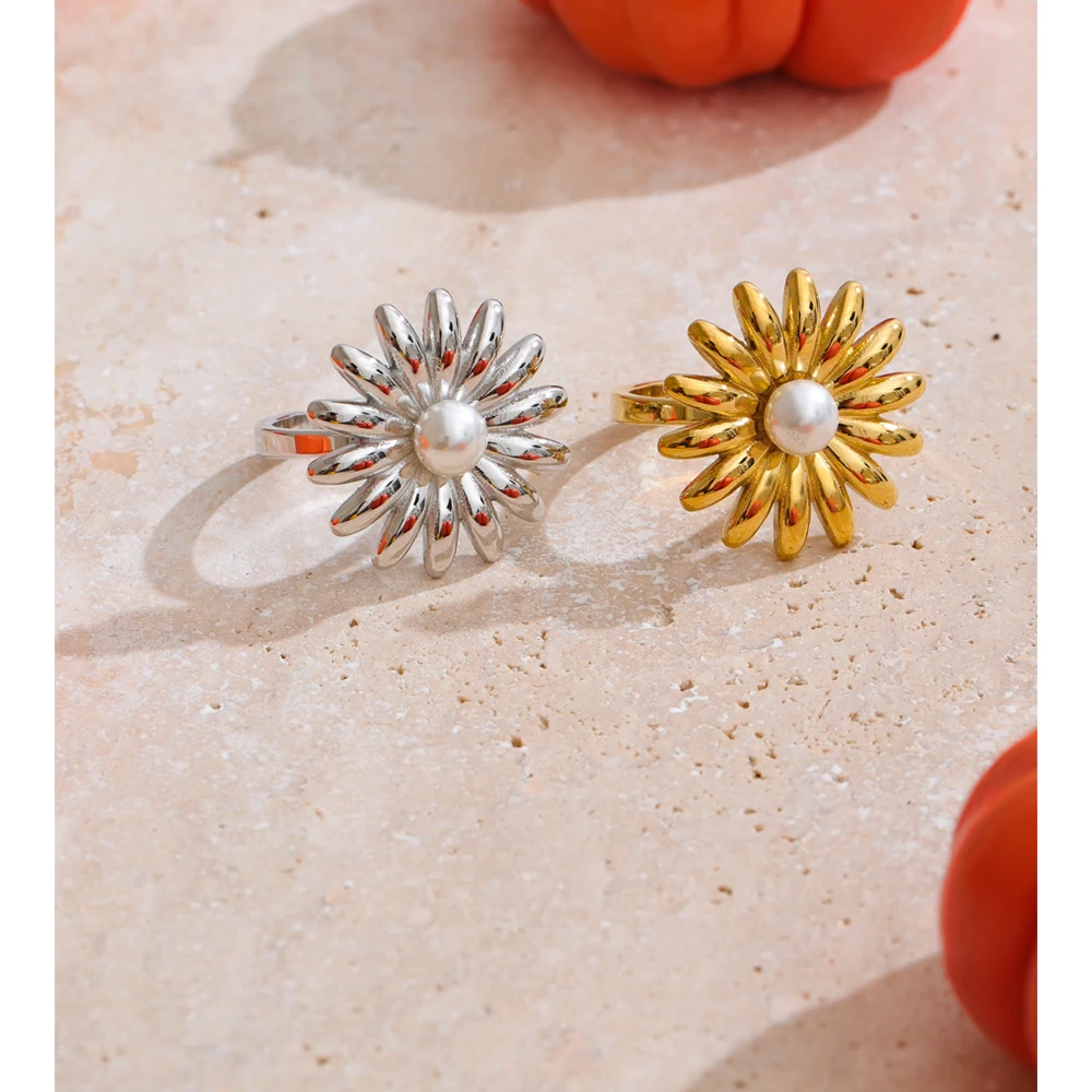 Yhpup Imitation Pearl Sunflower Adjustable Ring Stainless Steel