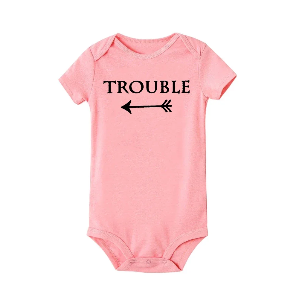 Newborn Baby Bodysuits Double Trouble Twin Kids Unisex Short Sleeve Rompers Playsuits Outfits Boys Girls Born Crawling Clothing 2