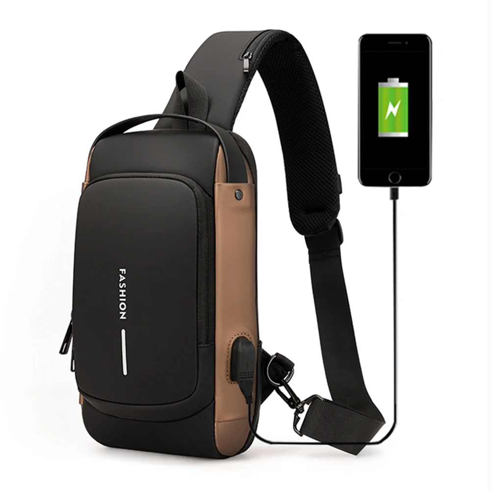 Fashion Men Chest Bag Anti-theft Tape Bag Portable Backpack with USB Charging Port Male PU Shoulder Outdoor Sports Crossbody Bag