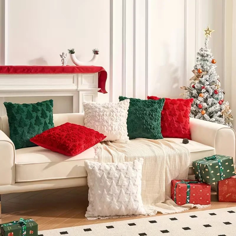 Plush Christmas Pillow Cover Embroidered Decorative Cushion Case Soft Throw Pillowcase for Sofa Living Room No Pillow Core