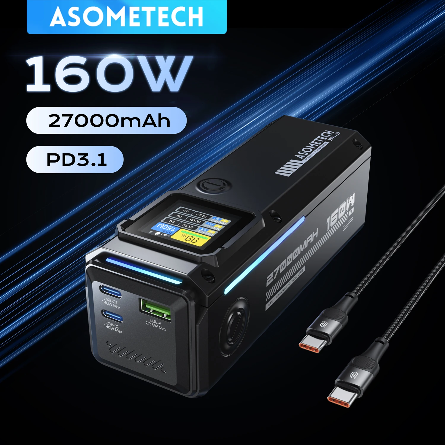 ASOMETECH 160W Power Bank 27000mAh 140W PD 3.1 USB C Fast Charging External Battery Portable PowerBank for IPhone Laptop Macbook Samsung