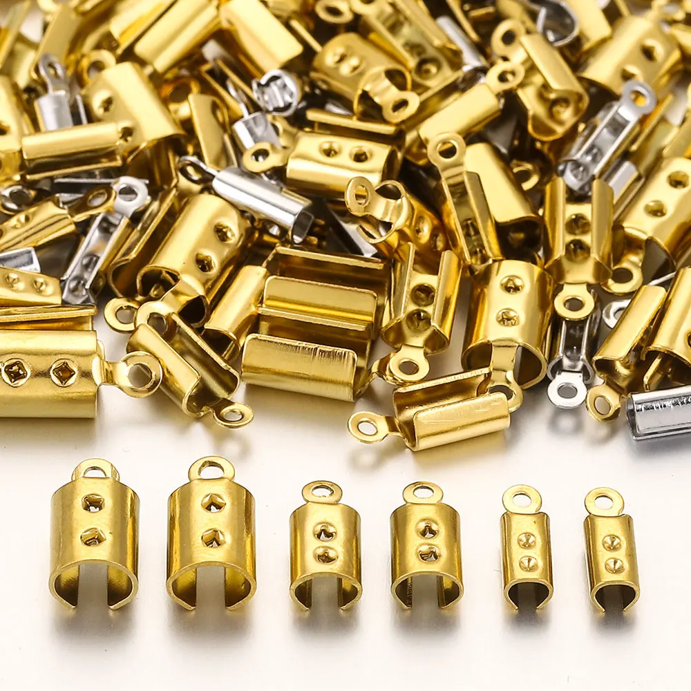 50pcsStainlessCrimpEndBeadsCapsLeatherCordClipTipFoldCrimp