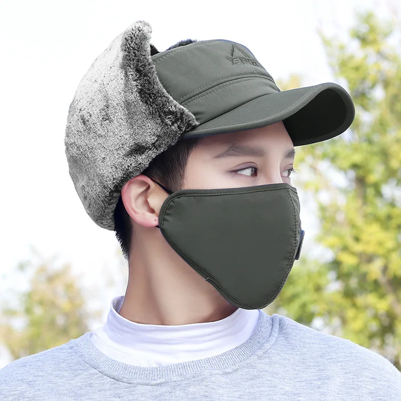 Fashion New Winter Bomber Hats Men's Northeast Mask Ushanka Lei Feng Hat Outdoor Windproof Keep Warm Thick Earmuffs Flat-Top Cap