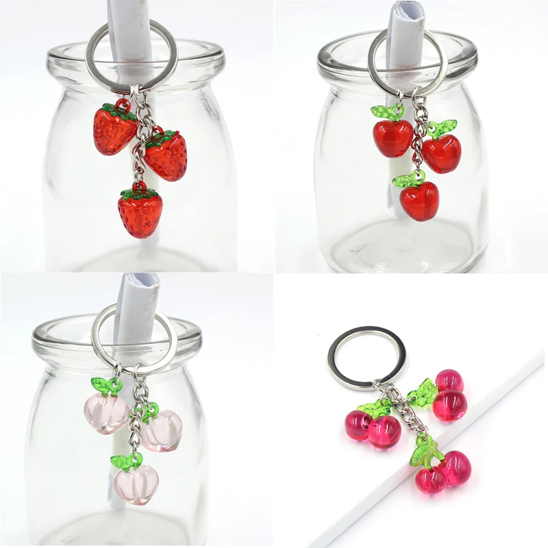 New Cute Fruit Keychain 3D Acrylic Cherry Peach Apple Strawberry Keyring Car Holder Bag Pendant Accessories Jewellery Gift Girl