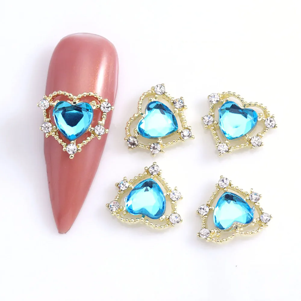 10PCS/Bag Metal Heart Nail Art Charms Diamond Gold/Silver Alloy Luxury Pearl Red/Blue/Pink/Clear Decorations Rhinestones Jewelry