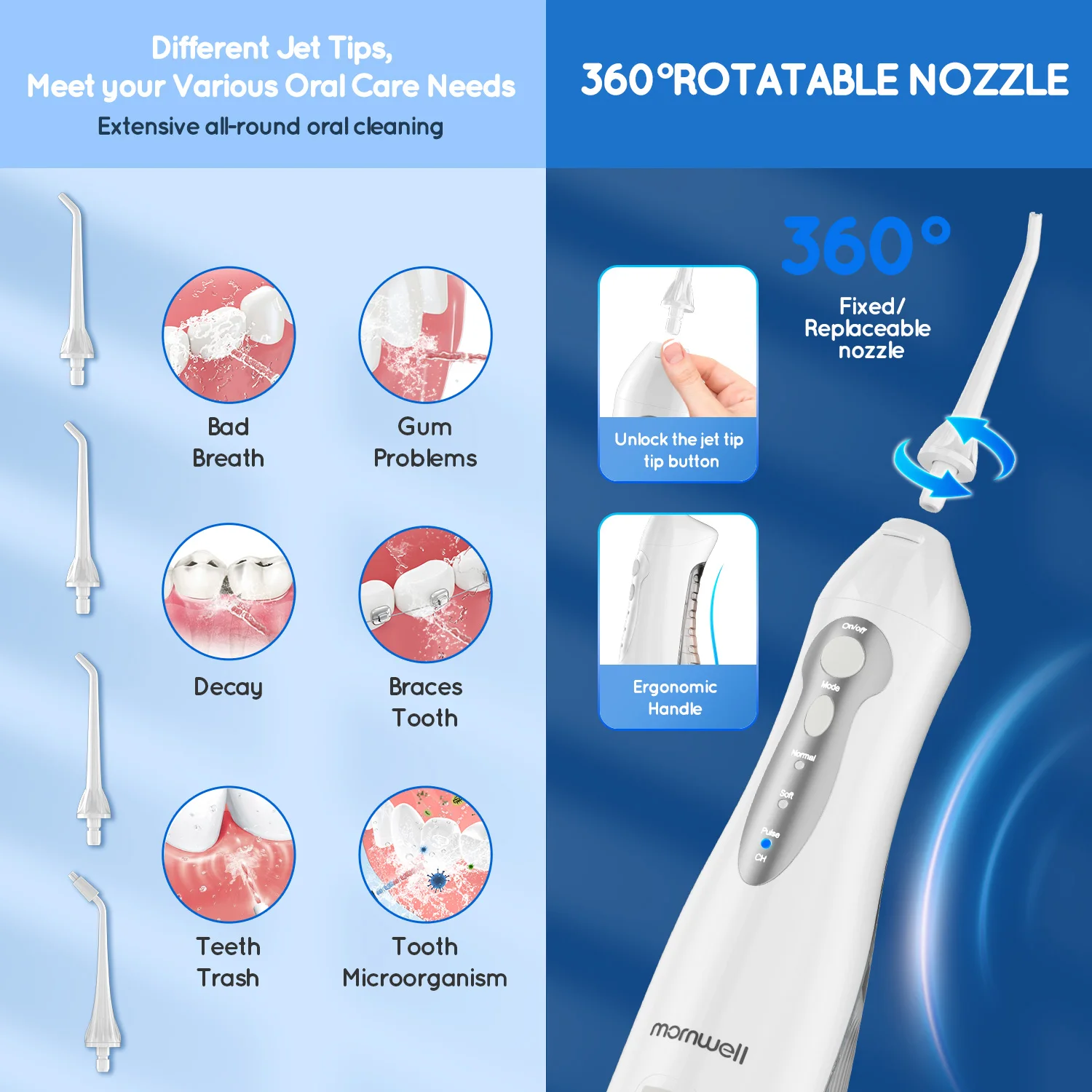 Water Dental Flosser Teeth Picks 4 Jets 3 Modes Portable Cordless D52 for Teeth Cleaner IPX7 Waterproof Oral Picks