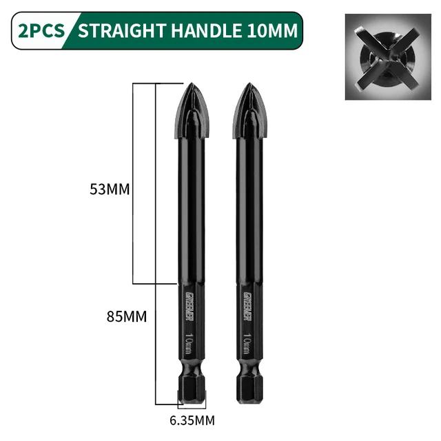 GREENER 3-12mm Four-blade Concrete Impact Glass Drill Cross Hex Tile Drilling Bit Special For Hexagonal Shank Hard Alloy Tri 10mm 2pcs