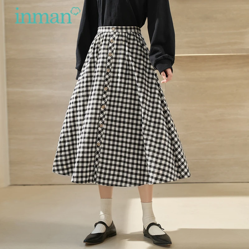 INMAN Women Skirt 2023 Spring Elastic Waist A-shaped Loose Vintage Classic Black and White Checker Jacquard Elegant Dress website checker
