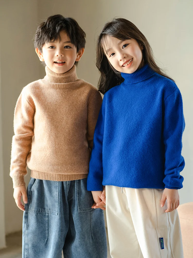 Boys Sweater Winter Childrens 100% Wool Thickened Warm Clothing Pullover Sweater Solid color High Neck Cashmere Bottom Sweater 5
