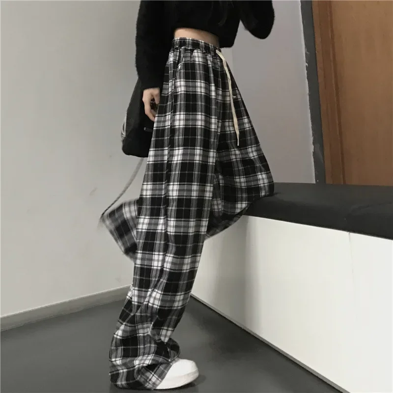

Черно-белые клетчатые брюки в стиле Харадзюку, женские летние повседневные брюки с широкими штанинами, подростковые хип-хоп свободные прямые брюки унисекс