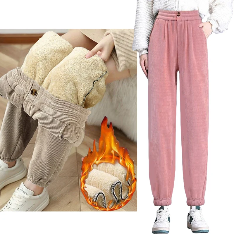 Woman Clothes Winter Office Lady Corduroy Lamb Wool Plush Warm Pencil Pants Pink Sporty Fake ButtonThick Solid Casual Long Pants