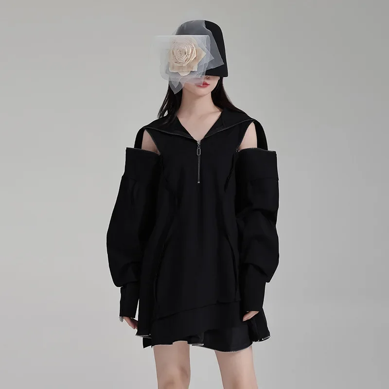 

SuperAen Korean Design Zipper Off Shoulder Long Sleeve Sweater Women's 2023 Autumn/Winter Dark Loose Sweater Dress