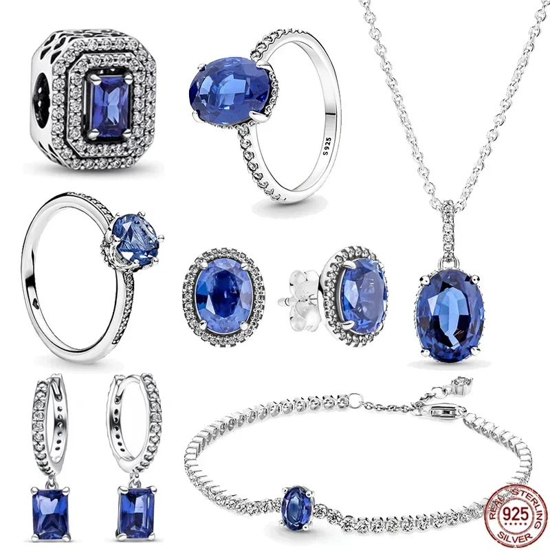 

2024 New 925 Sterling Silver Classic Blue Zircon Series Jewelry Set Charm Women's Bracelet Necklace Jewelry DIY Exquisite Gift