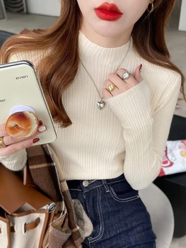 2025 Women Knitted Slim Sweaters Women Long Sleeved Turtleneck Sweater Harajuku Pullovers Korean Simple Basic Solid Tops