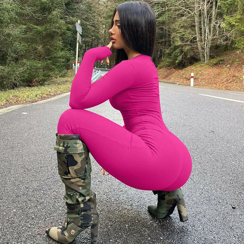 Women's 2023 Winter New Fashion Solid Color Slim Fit Sports Long Sleeved Jumpsuit Solid Color Sports Jumpsuit Women's Clothing