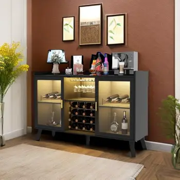 Wine Bar Cabinet with Led Light Home Coffee and Glass Rack Kitchen Buffet Sideboard Storage Shelves Freestanding Liquor 1
