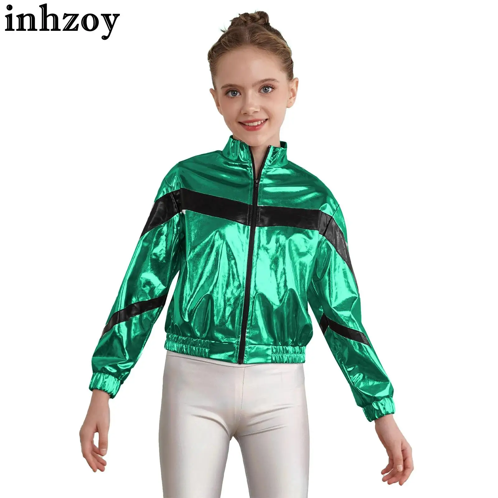 

Kids Girls Hip-Hop Jazz Street Dance Coat Tops Metallic Shiny Long Sleeve Zipper Jacket Cheerleading Stage Performance Dancewear