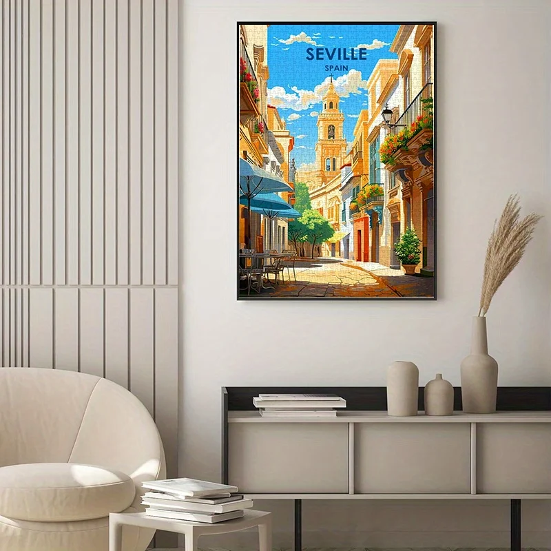 1000 parça Vintage Seville Sokak Manzarası Yapboz - İspanyol Rivierası Seyahat Posteri Tarzı, Yüksek Kaliteli Karton, Renkli ve A