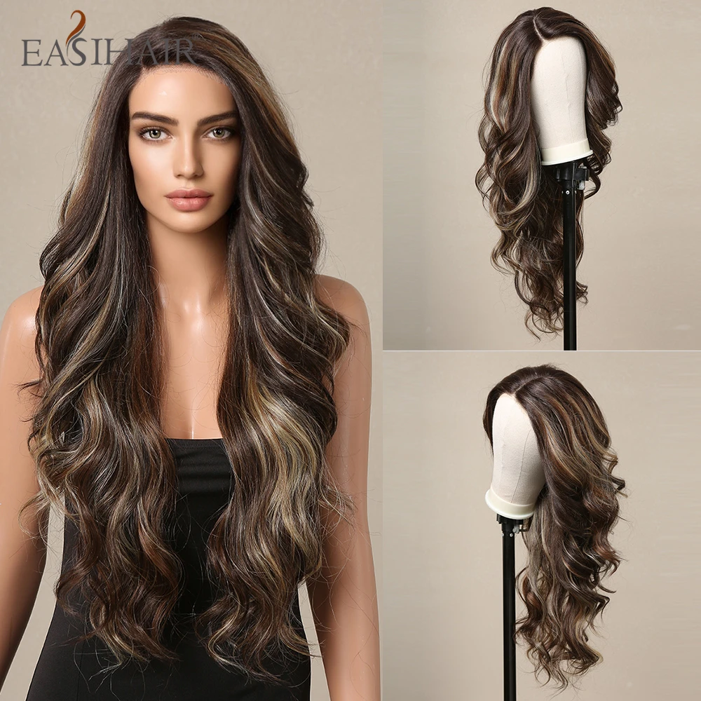 

EASIHAIR Long Curly Wavy Synthetic Lace Wigs Brown Blonde Balayage Lace Hair Wigs for Black Women Daily Use Heat Resistant Fiber