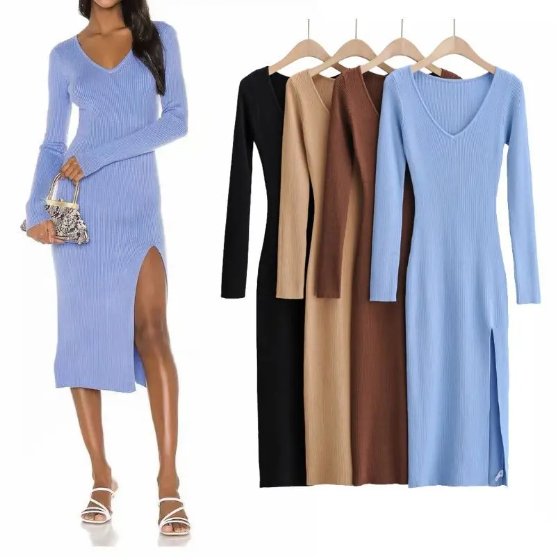 

Spring Winter Sexy Slit Sweater Dress Slim Tight-Fitting Hip-Knit Over ullover V-Neck Long Sleeve Side Slit Fitted Sweater Dress