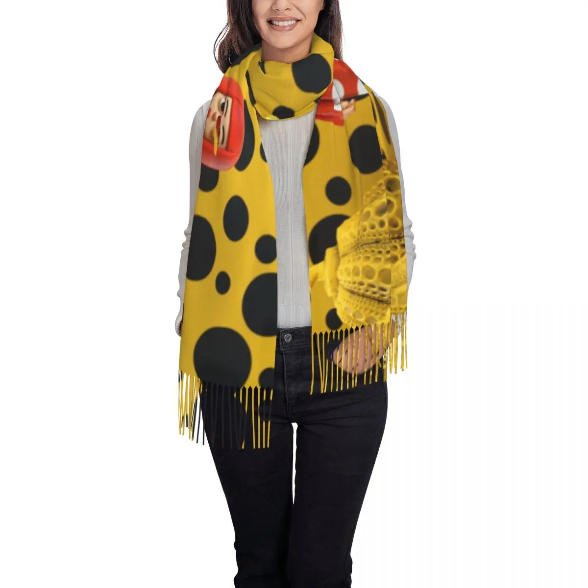 Stylish Yayoi Kusama Polka Tassel Scarf Women Winter Warm Shawls Wraps Lady Pumpkin Scarves 2