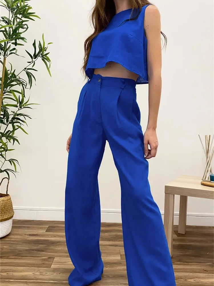 Women's Twopiece Cotton Linen Suits Summer New Solid O Neck Vest Tops Flared Pants Set Ladies