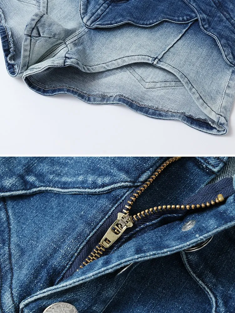 BPN Patchwork Single Breasted Denim Trousers For Women High Waist Gradient Casual Slim Short Pants Female Clothes Summer Fashion