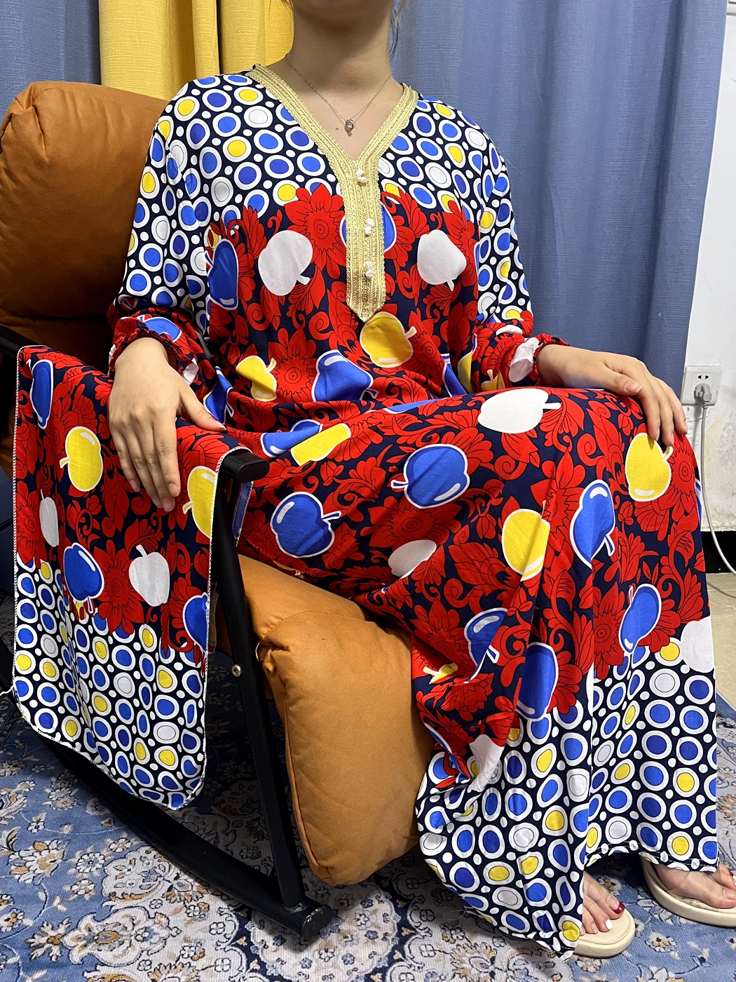 Abayas For Women 2023 Fashion Apple Printed Cotton V-neck Long Sleeves Loose Femme Robe African Dresses With Belt Headscarf