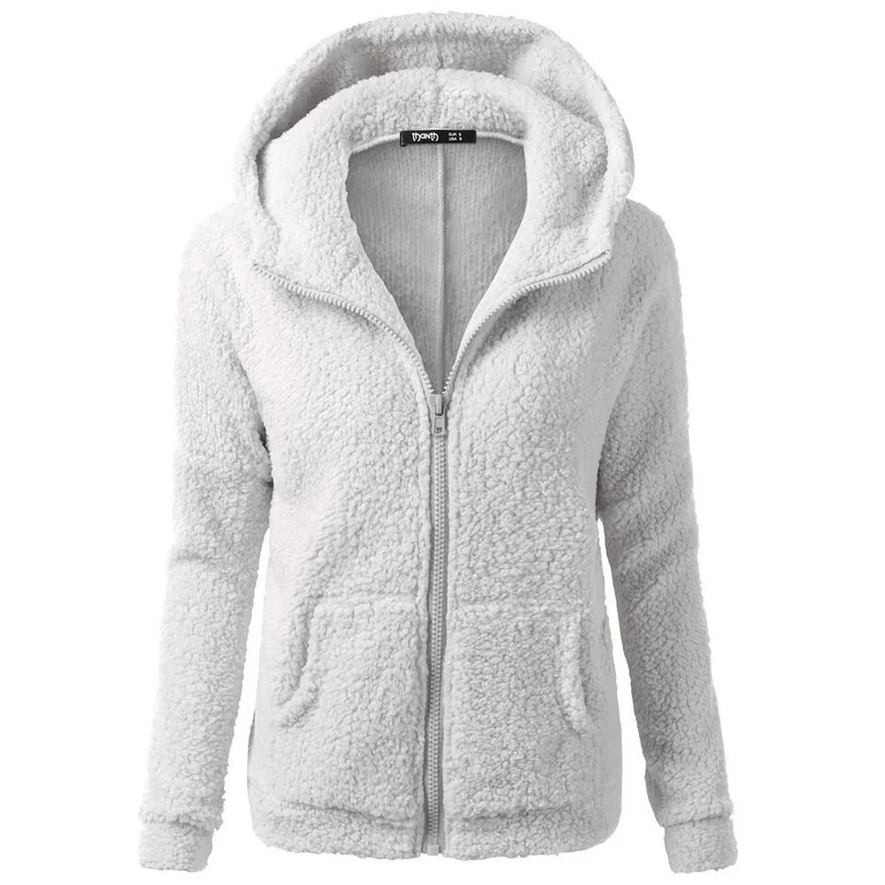 

Winter New Women Jacket Fleece Hooded Overcoat Loose Solid Color Pocket Pullover Classic Female Windproof Zipper Up Overcoat