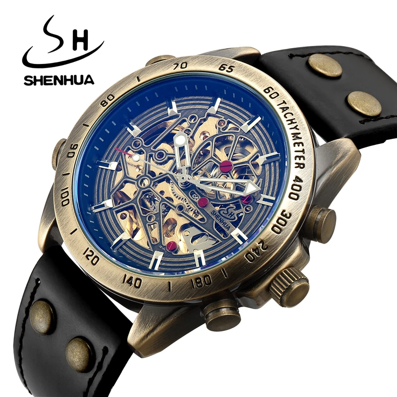 

SHENHUA Retro Antique Bronze Man's Automatic Mechanical Watch Luxury Carving Skeleton Steampunk Waterproof Men Wristwatch