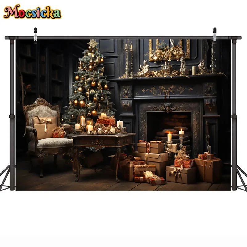 Christmas Party Decoration Background Empty Christmas Room at Night Xmas Tree Fireplace Table and Chairs Photo Studio Props