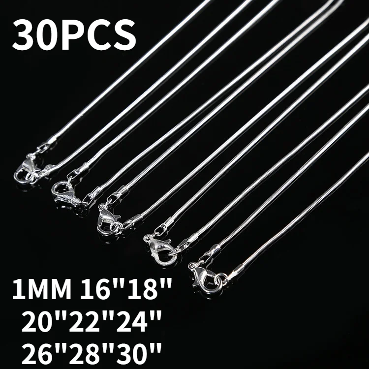 30PCS/lot Hot trend 925 Sterling Silver fine 1MM Snake chains necklaces for women men Fashion party wedding jewelry set gifts