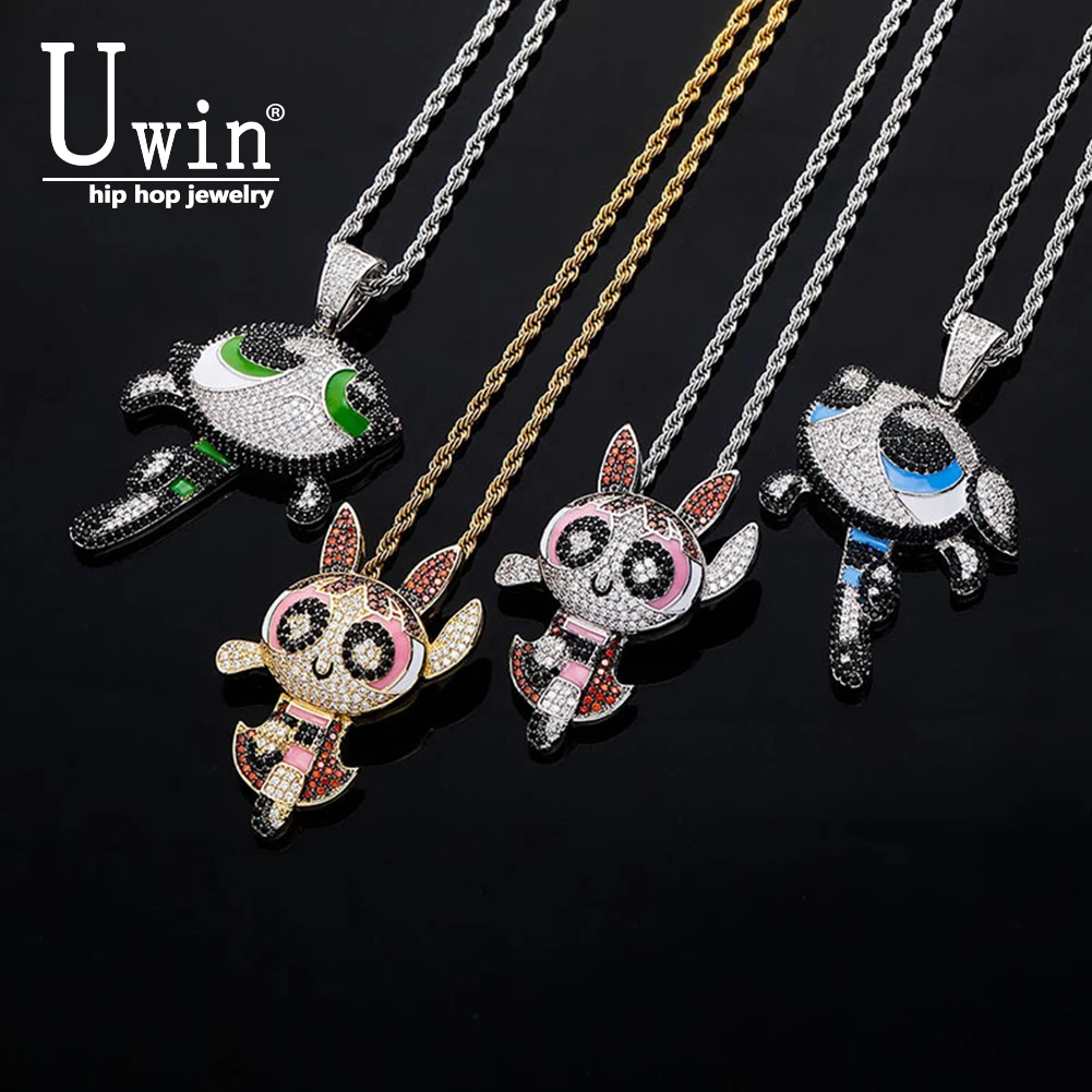 Uwin Big Eyes Colorful Gilrs Pendant Luminous Iced Out Cubic Zirconia Hip Hop Necklace For Men Women Fashion Jewelry Gifts