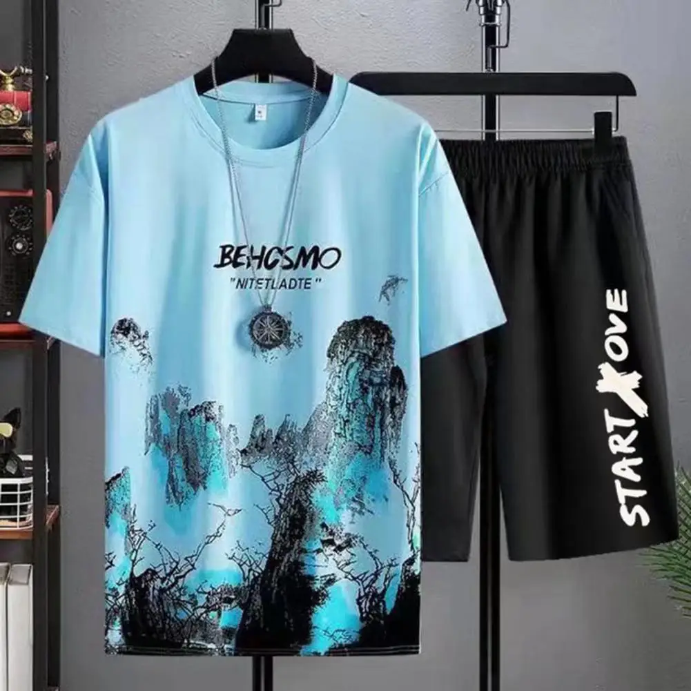 

Sports Suit Thin Elastic Waistband Breathable Scene Printing Tops Loose Shorts Sportswear Casual Outfit Moisture Wicking