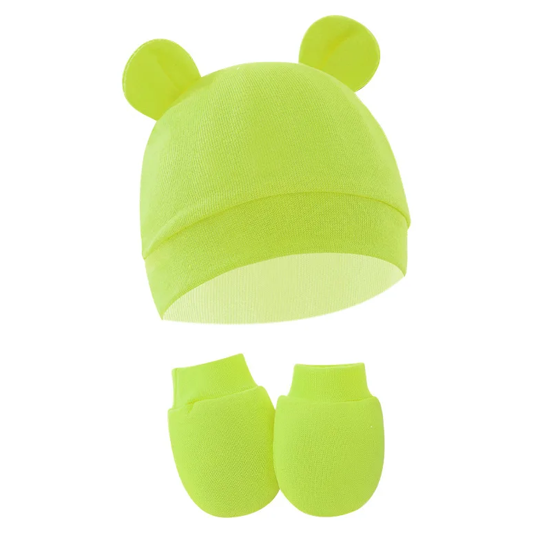 European and American Newborn Baby Cap Anti-grab Gloves Baby Hat Binaural Hat Gloves Two-piece Set 8305