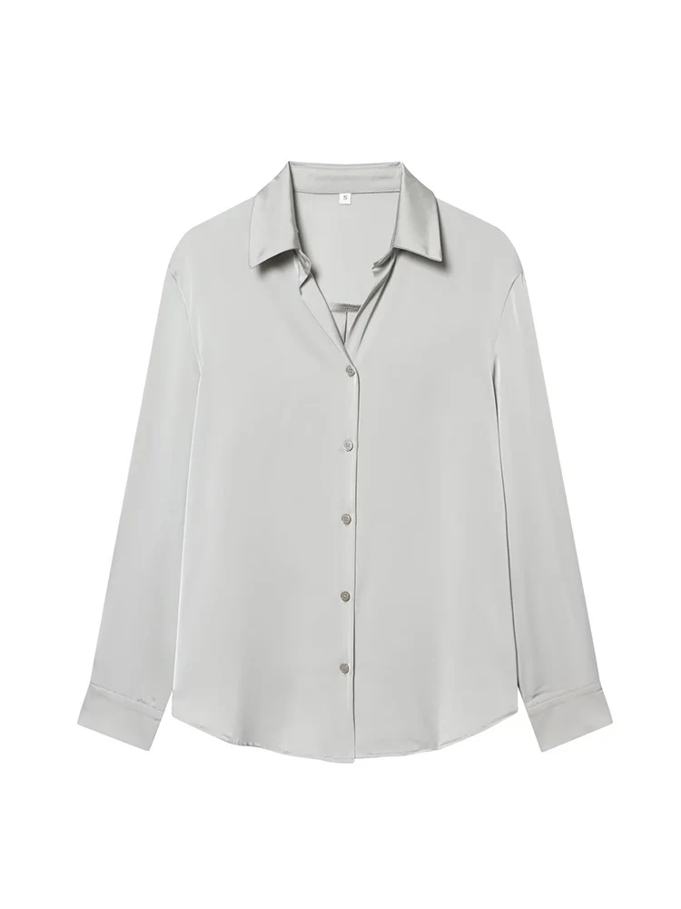Spring New Women Blouses Elegant Long-sleeved Satin Shirt Fashion Commuting Style Solid Color OL Casual Lapel Blouse Tops