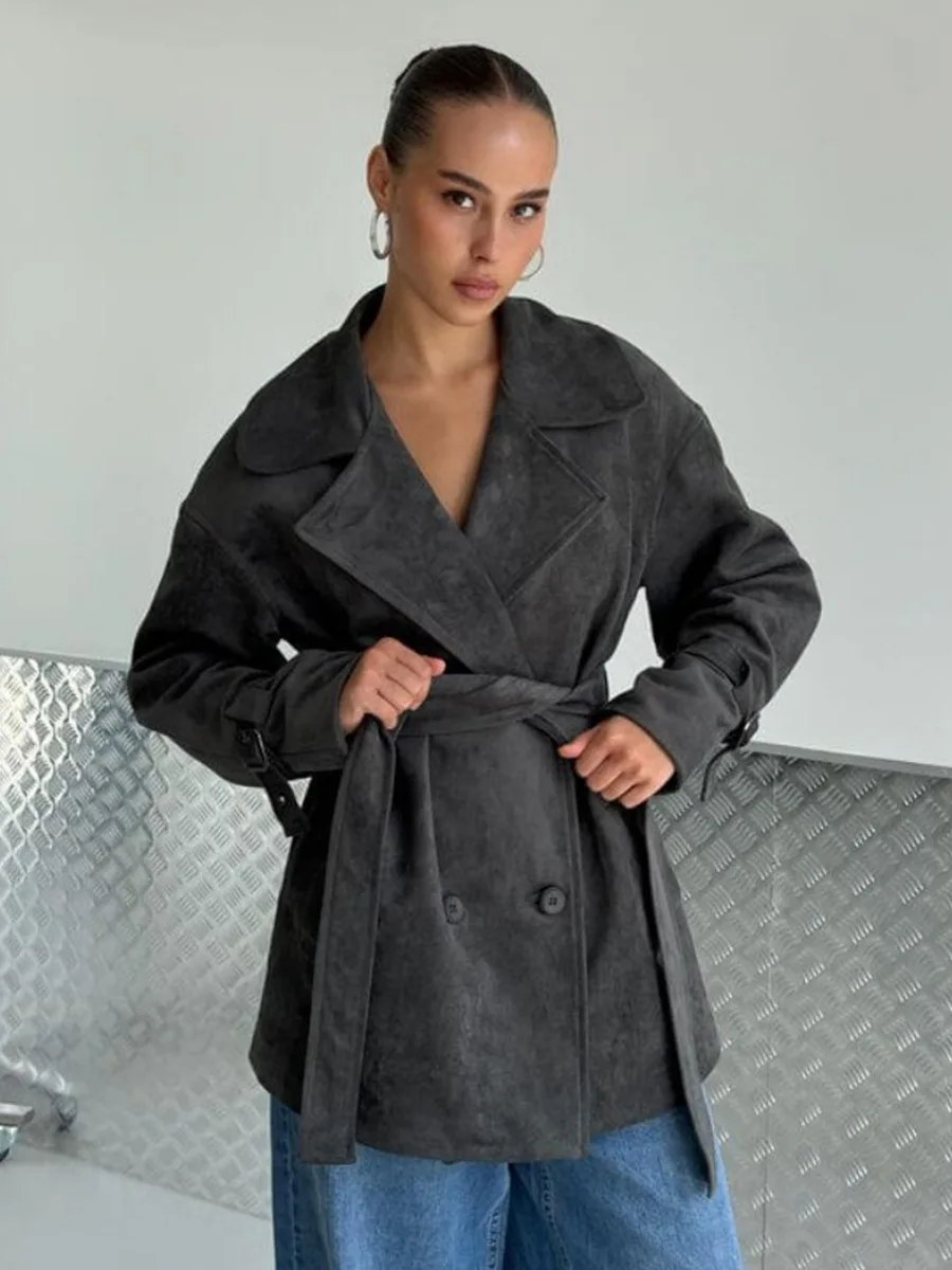 Bornladies Autumn Winter Women's Fashion Retro Jacket Suede Belted Waist Short Trench Coat New Lapel Jacket