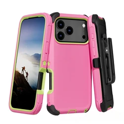 Rugged Shockproof Case with Belt Clip - Durable 2 - Tone Design and Heavy Duty Protection Armor Shell - iPhone 15 Plus (Pink Green)