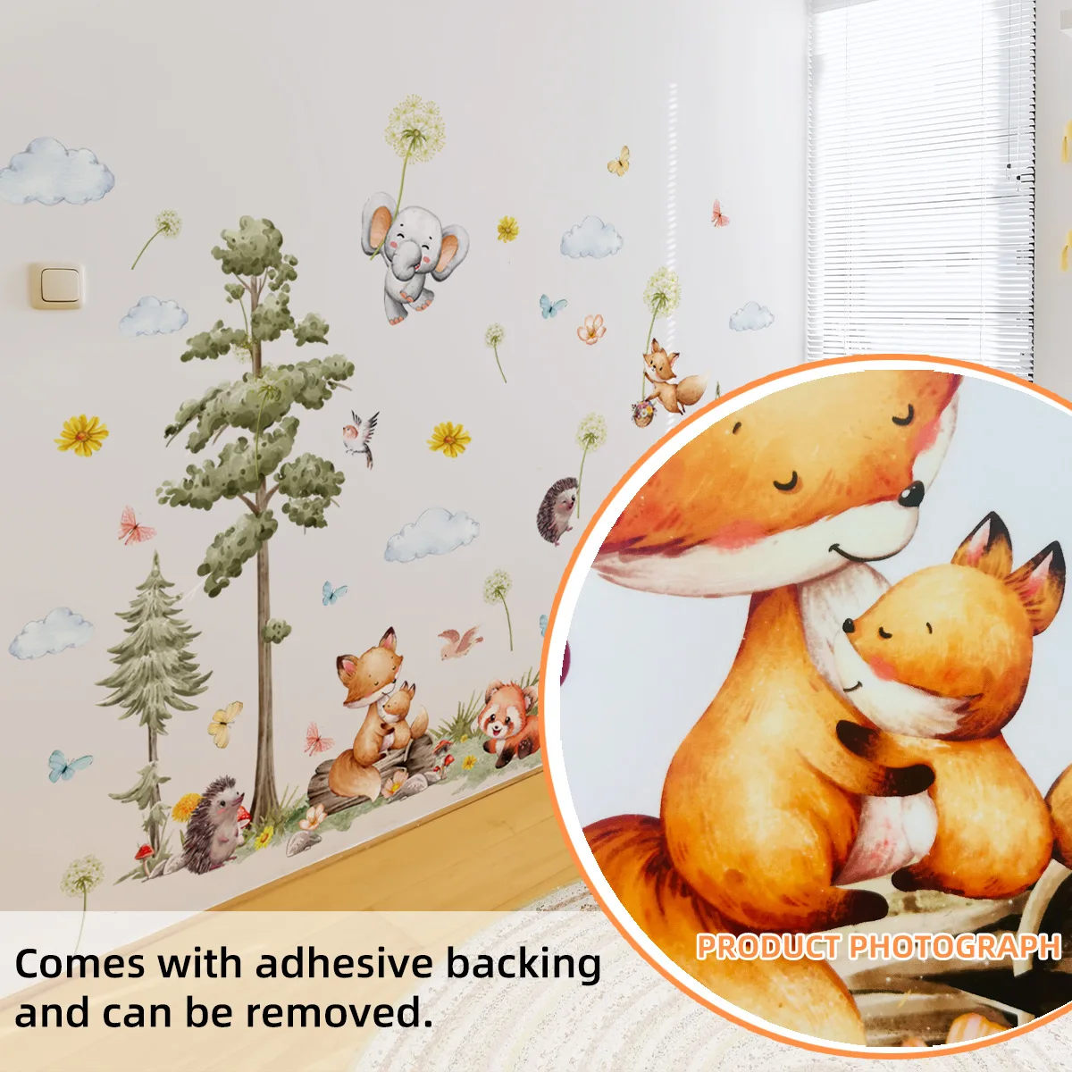 Cartoon Fox Hedgehog Pine Tree Wall Sticker Set Self-Adhesive PVC Decal for Kids' Room Nursery Background Wall