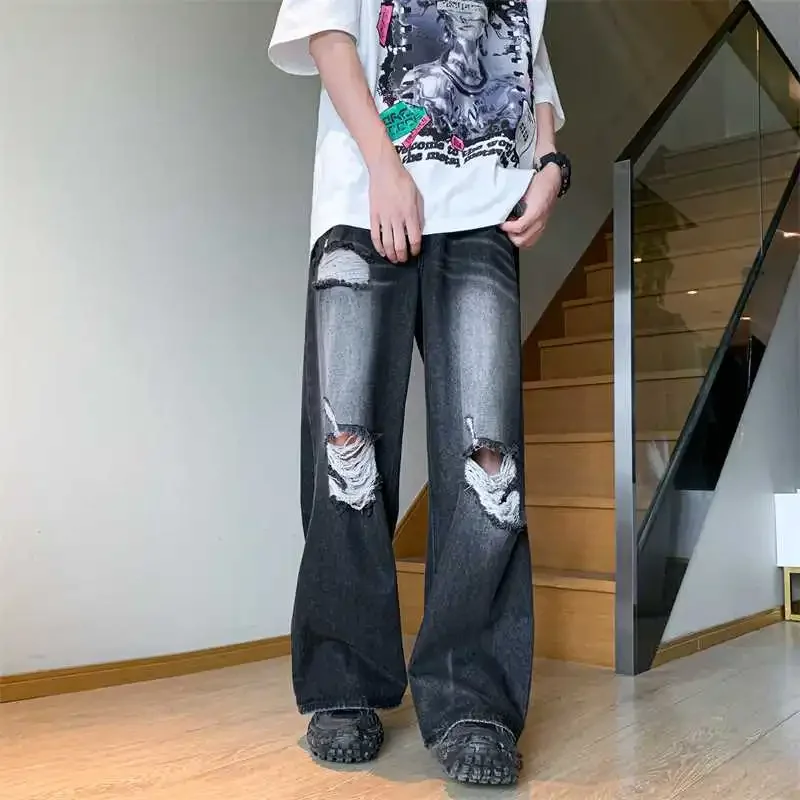 American style trendy hip-hop men and women retro washed ripped jeans loose and personalized straight leg wide leg casual pants 4