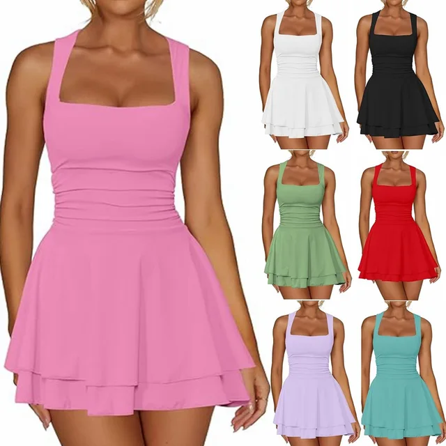 8Color Solid Color Square Neck Mini Dress Double Layer Hem Design Dresses Women's Popular Style Sleeveless One Shoulder Dress 1