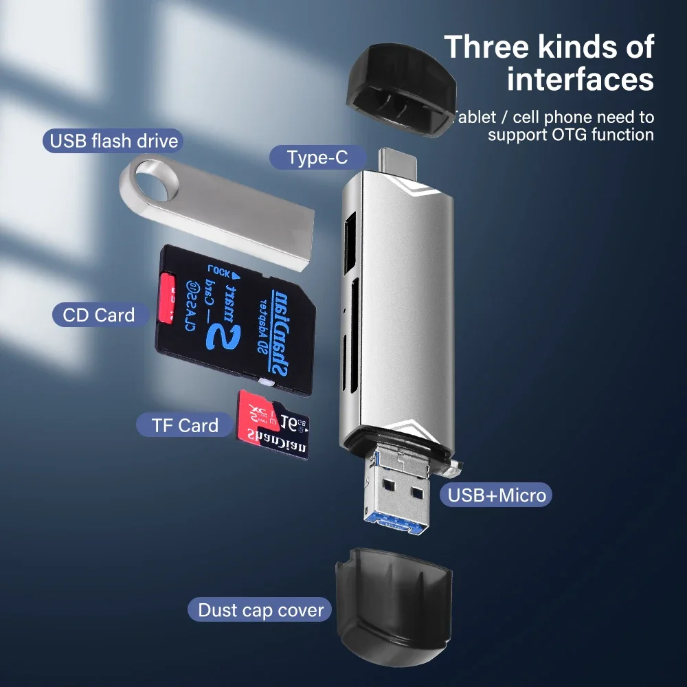 TYPE-C USB 3.0 미니 메모리 카드, 다기능 카드 리더기, 외부 스토리지, 메모리 스틱 카드 리더기, 블랙 스트레치, 6-in-1