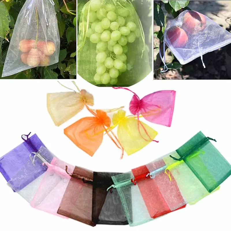 

100pcs Strawberry Grapes Fruit Grow Bags Netting Mesh Vegetable Plant Protection Bags For Pest Control Anti-Bird Garden Tools