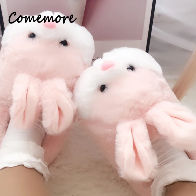 Comemore Women Cute Animal Slippers Girls Rabbit Home Shoes Plus Size 44 Non Slip Flat Autumn Winter Warm Slipper Plush Men