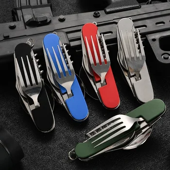 Outdoor Tablespoon Set 4 In 1 Foldable Spoon Knife Fork Bottle Opener Stainless Steel Folding Pocket Kits Outdoor Tableware Set