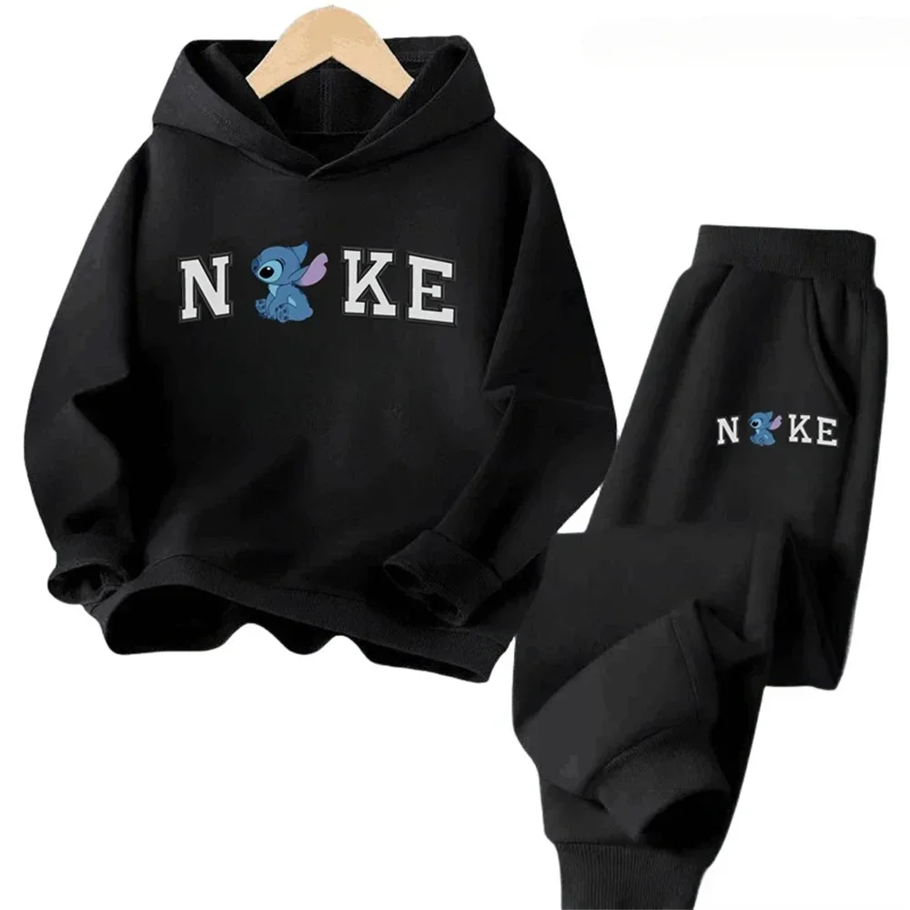 Conjunto de 2 piezas de sudadera y pantalón con estampado de dibujos animados kawaii de Disney Lilo Stitch para niños y niñas, ropa de moda para primavera y otoño