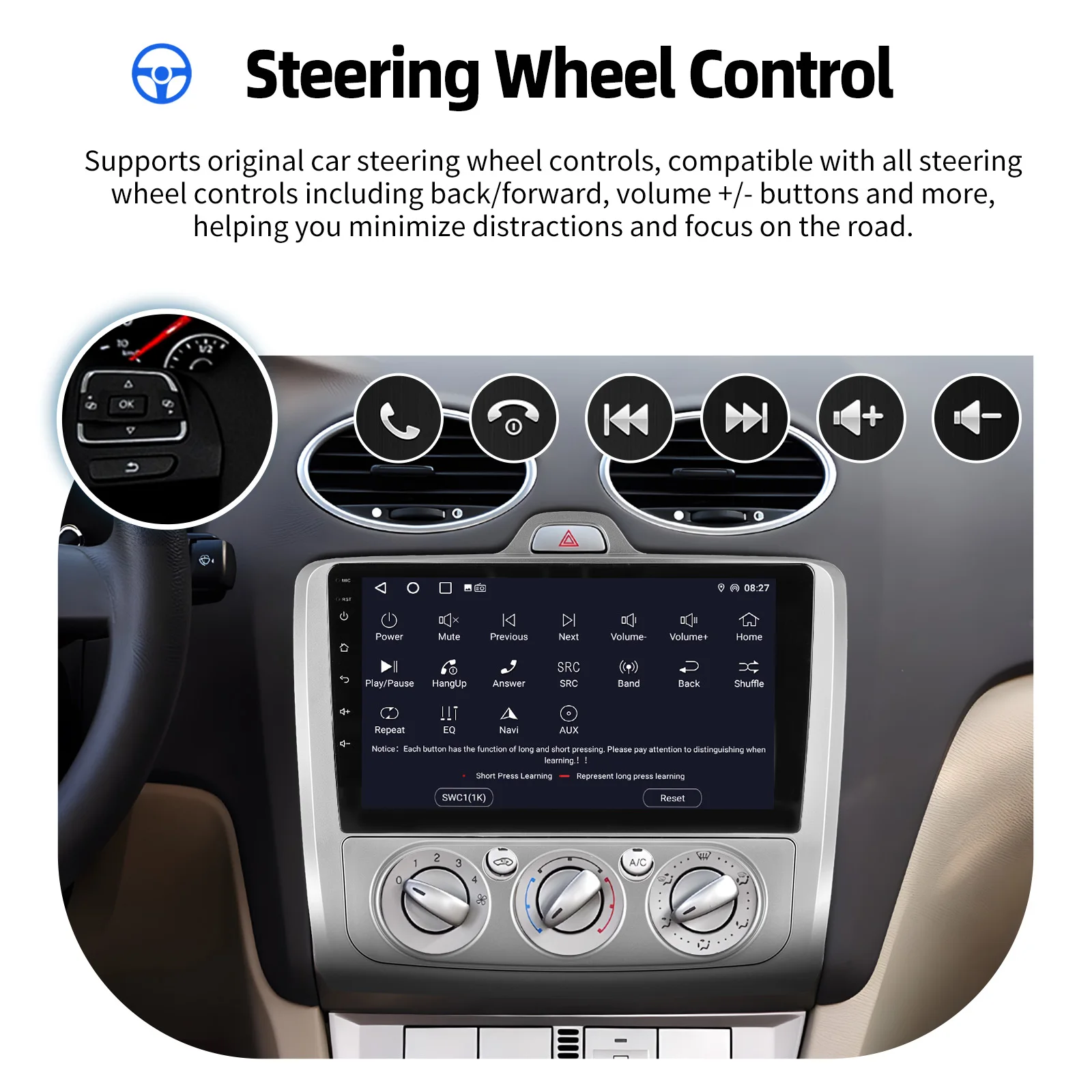 ESSGOO Android 14 9" Kabelloses Carplay Android Auto Autoradio für Ford Focus MK2 2004-2011 GPS-Navigation Lenkradsteuerung FM Bluetooth WIFI RDS USB Mirror Link Multimedia-Videoplayer 32G/64G 2 DIN – Detail 14