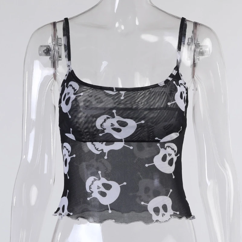 Women Summer Sleeveless Mesh Camisole Harajuku Gothic Punk Skull Print See-Through Crop Top Ruffled Hem 90s Aesthetic Slim Fit green bra