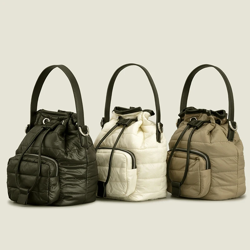 

Fashion Nylon Padded Bucket Bag Designer Quilted Women Shoulder Bags Luxury Down Cotton Lady Handbags Casual Winter Tote Bag New